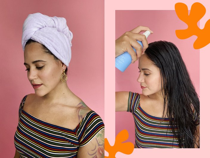 side by side of wearing towel on head and person holding hairspray can to hair