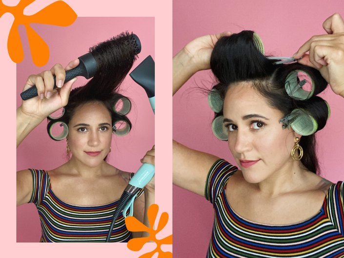 side by side of person blow drying hair and person rolling hair with hair roller