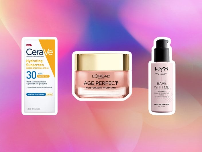 cerave tinted sunscreen with spf, l'oreal paris age perfect rosy tone moisturizer with spf, nyx professional makeup bare with me cannabis sativa seed oil spf 30 daily moisturizer primer