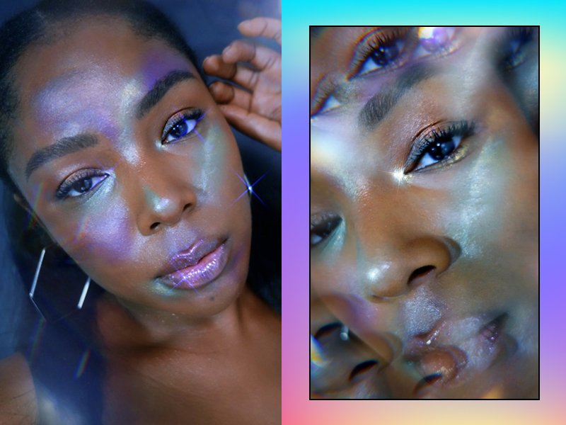 person wearing holographic rainbow makeup