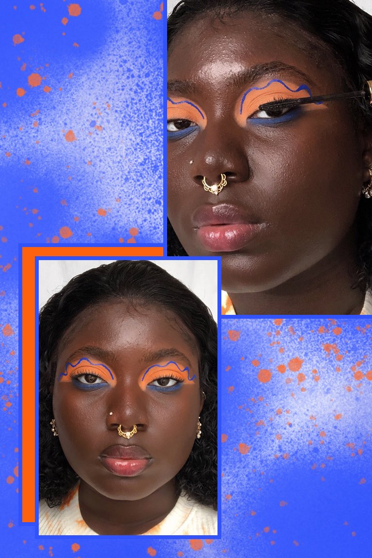 person wearing orange and blue graphic eye makeup