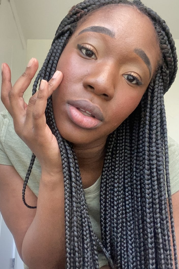 person wearing nyx professional makeup sweet cheeks lip and cheek tint in bombshell