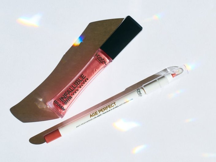 L’Oréal Paris Infallible 8 HR Pro Gloss in Blush and L’Oréal Paris Age Perfect Anti-Feathering Lip Liner in Nude Pink
