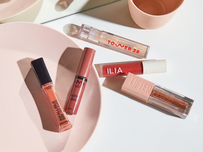 l'oreal paris infallible 8hr pro gloss, nyx professional makeup butter lip gloss, tower 28 shineon lip jelly, ilia balmy gloss tinted lip oil, maybelline new york lifter gloss