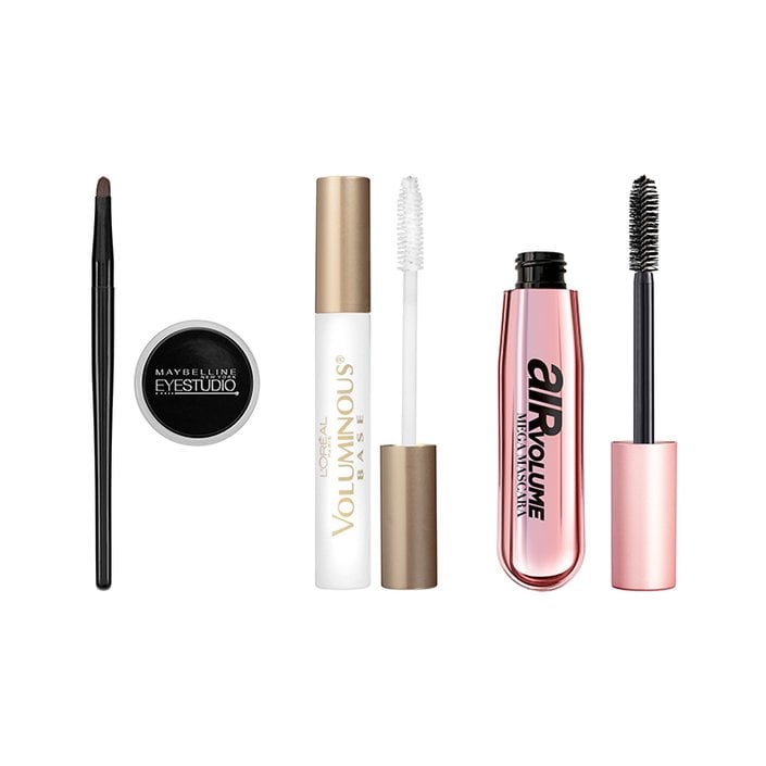 Maybelline New York Makeup Eye Studio Lasting Drama Gel Eyeliner in Blackest Black, L’Oréal Paris Voluminous Lash Boosting Conditioning Primer, L’Oréal Paris Air Volume Mega Mascara