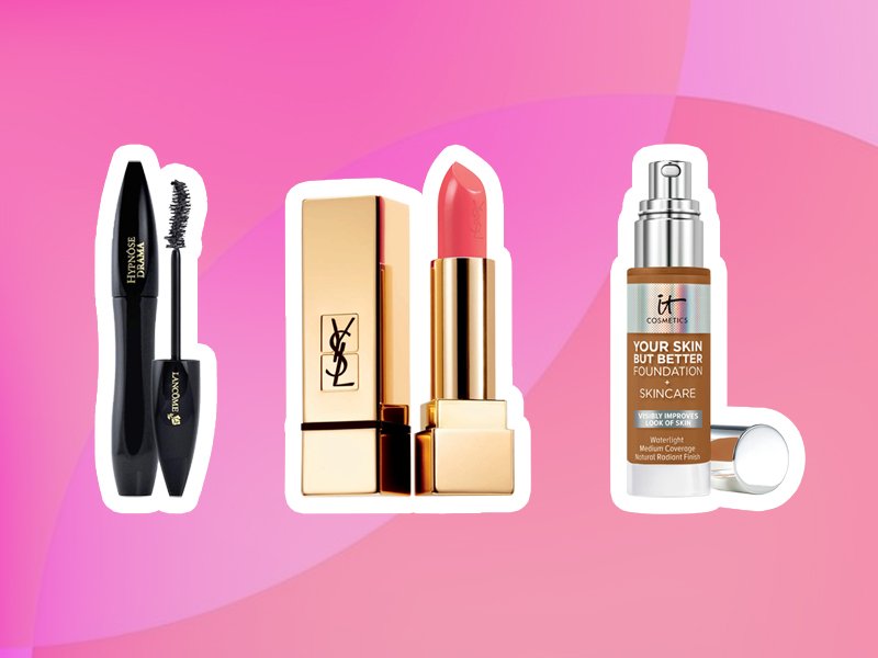 lancome hypnose drama mascara, ysl beauty rouge pur couture lipstick, it cosmetics your skin but better foundation