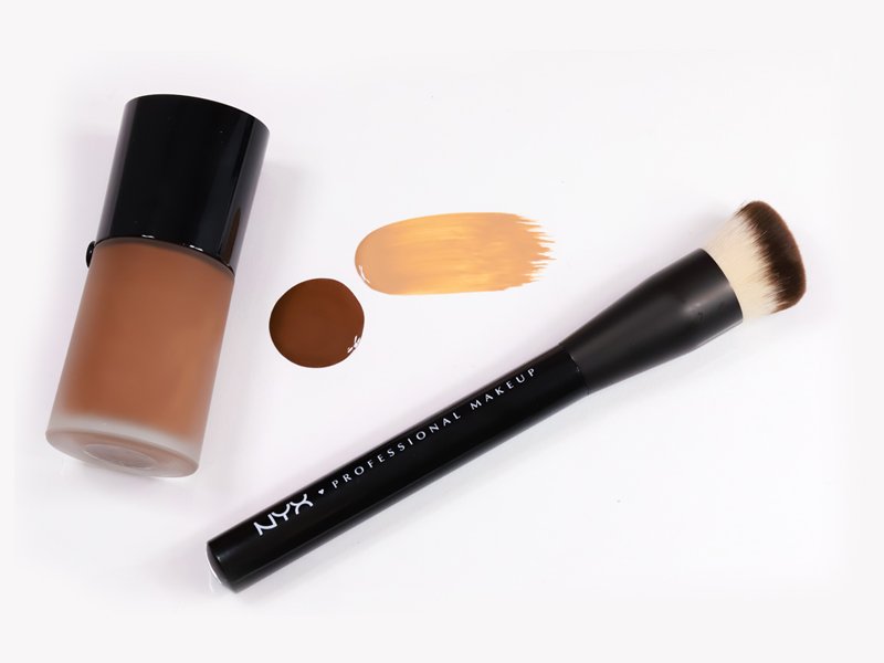 foundation, foundation swatches, and a makeup brush