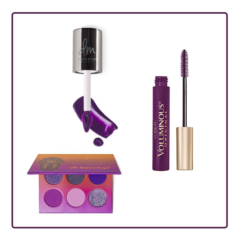 Danessa Myricks Beauty Vision Flush in Grape, L’Oréal Paris Makeup Voluminous Original Volume Building Mascara in Deep Violet, Juvia’s Place Nubian Royal Palette