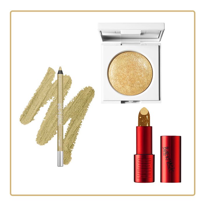 Urban Decay Stoned Vibes 24/7 Glide-on Eyeliner Pencil in High Vibes, Makeup by Mario Master Crystal Reflector in Citrine, UOMA Beauty Black Magic Metallic Lipstick in Lady of Gold