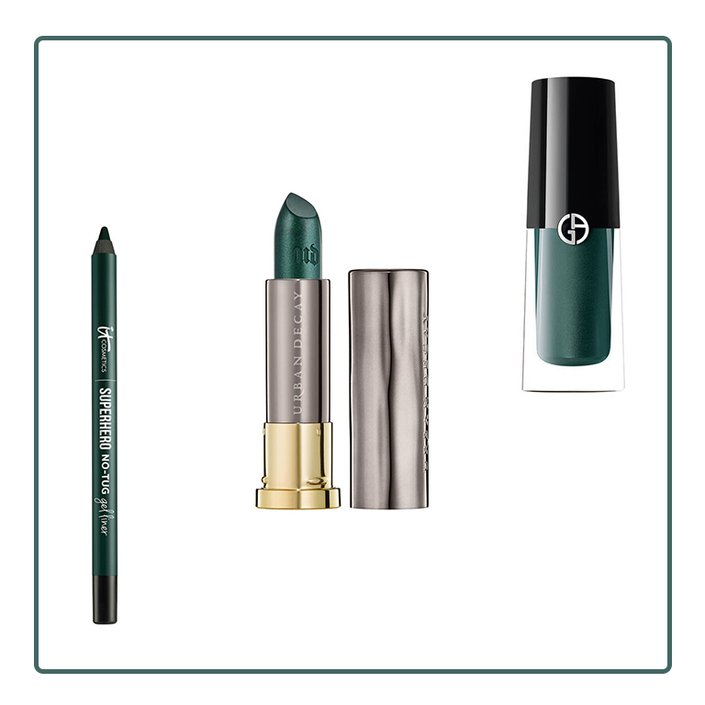 IT Cosmetics Superhero No-Tug Sharpenable Gel Eyeliner in Mystic Emerald, Urban Decay Vice Lipstick in Hawkeye, Giorgio Armani Eye Tint Liquid Eyeshadow in Scarab