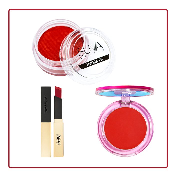 Suva Beauty Hydra FX in Cherry Bomb, YSL Beauty Rouge Pur Couture the Slim Matte Lipstick in Rouge Extravagant, Lime Crime Hotspot Soft Matte Blush