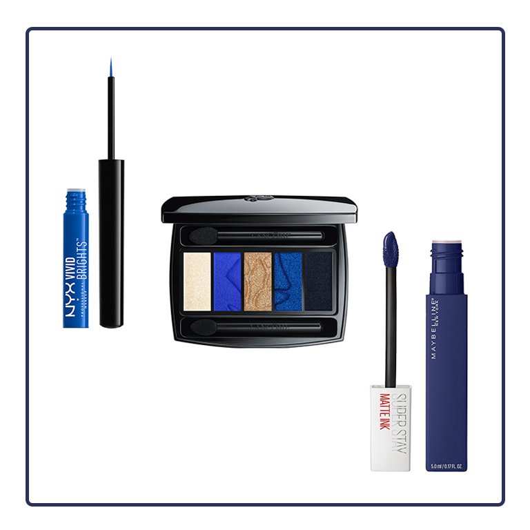 NYX Professional Makeup Vivid Brights Liner in Vivid Sapphire, Lancôme Hypnôse 5-Color Eyeshadow Palette in Bleu Hypnôtique, Maybelline New York Super Stay Matte Ink Liquid Lipstick in Explorer