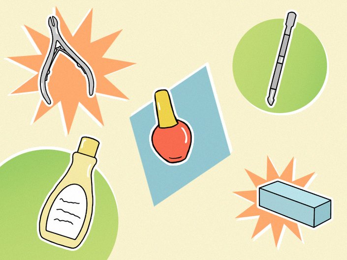 illustration of cuticle nipper, cuticle pusher, nail polish remover, red nail polish and nail buffer block