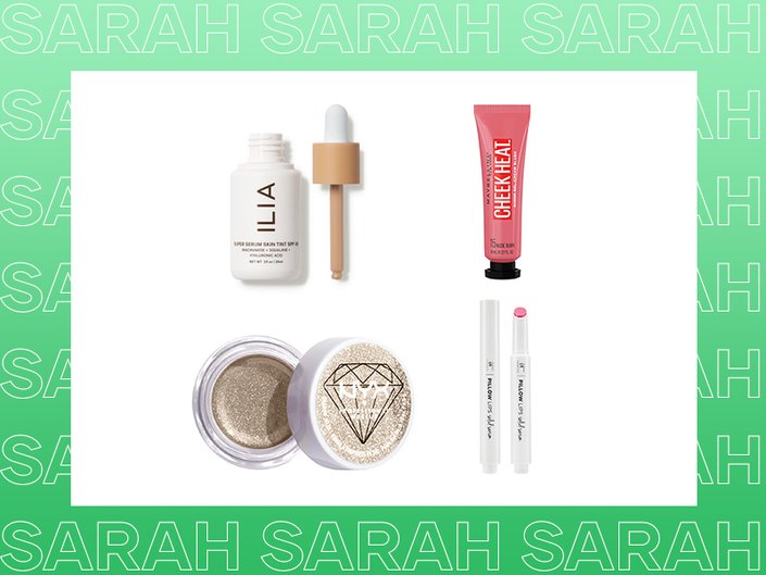 ilia skin tint, maybelline cream blush, nyx diamonds & ice please shadow jellies, it cosmetics lip gloss