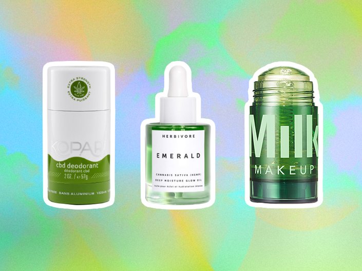 kopari cbd deodorant, herbivore botanicals cbd + adaptogens deep moisture glow oil, milk makeup cbd + arnica body oil