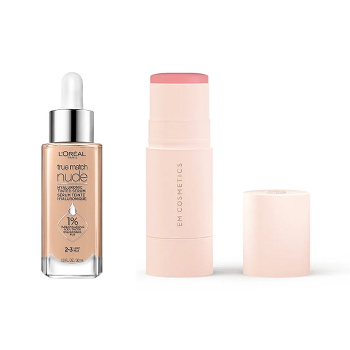 L’Oréal Paris True Match Nude Hyaluronic Tinted Serum and EM Cosmetics So Soft Blush