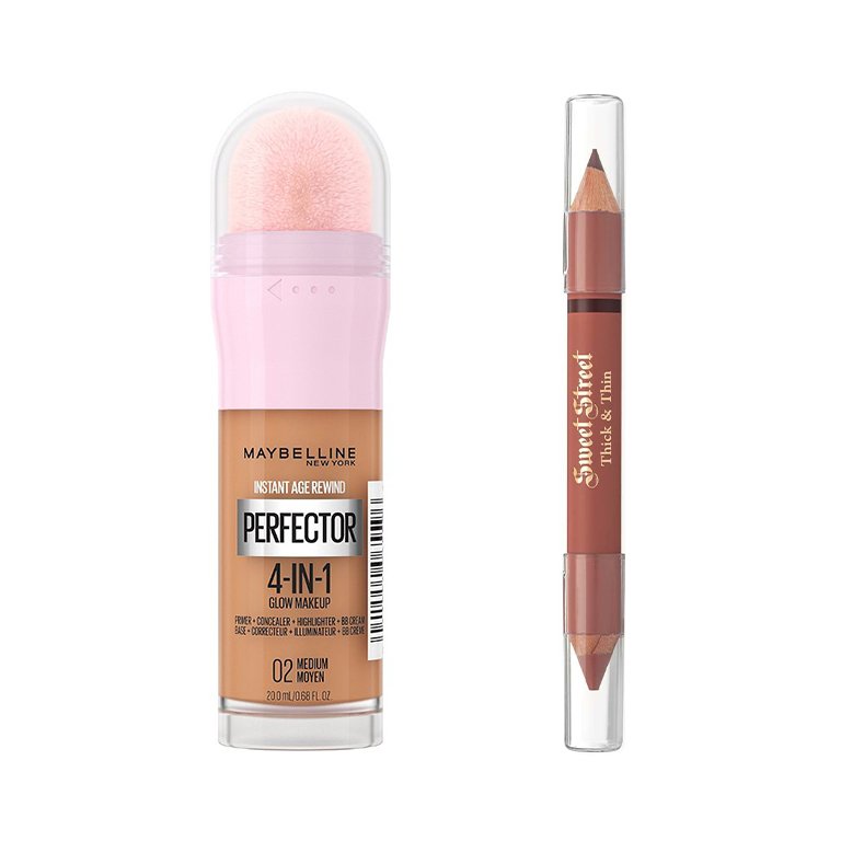 Maybelline New York Instant Age Rewind Perfector 4-In-1 Glow Makeup and Sweet Street Cosmetics Thick & Thin Lipstick and Lip Liner Duo