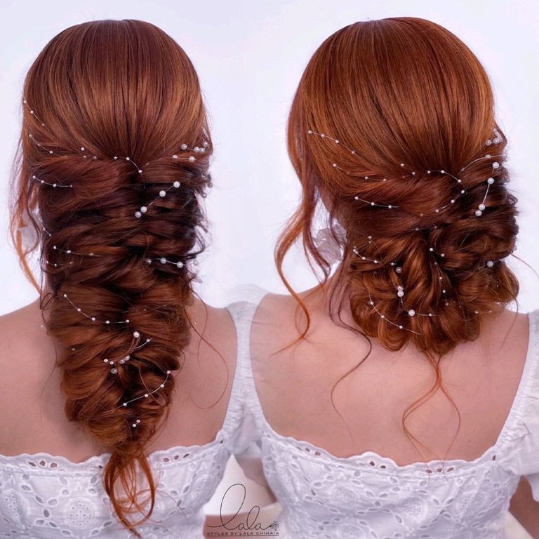 side by side images of person with fishtail braid embellished with pearls and person with updo embellished with pearls
