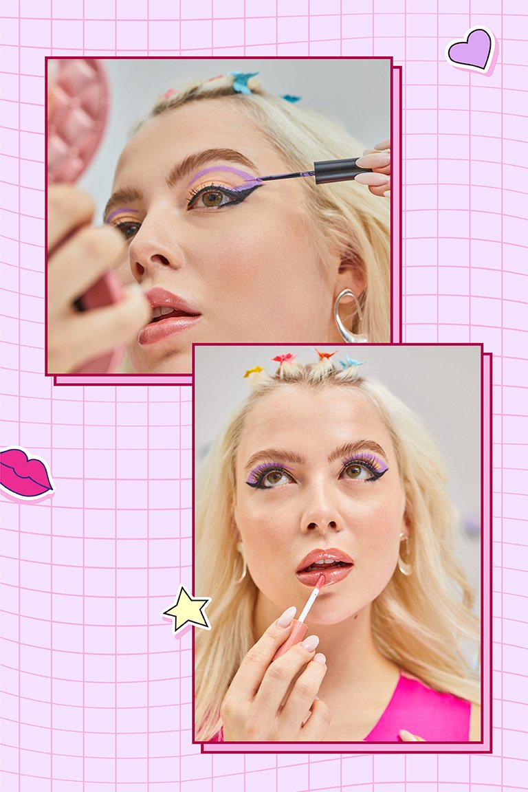 side by side images of person applying lavender liquid eyeliner to eyelid and person applying lipgloss to lips