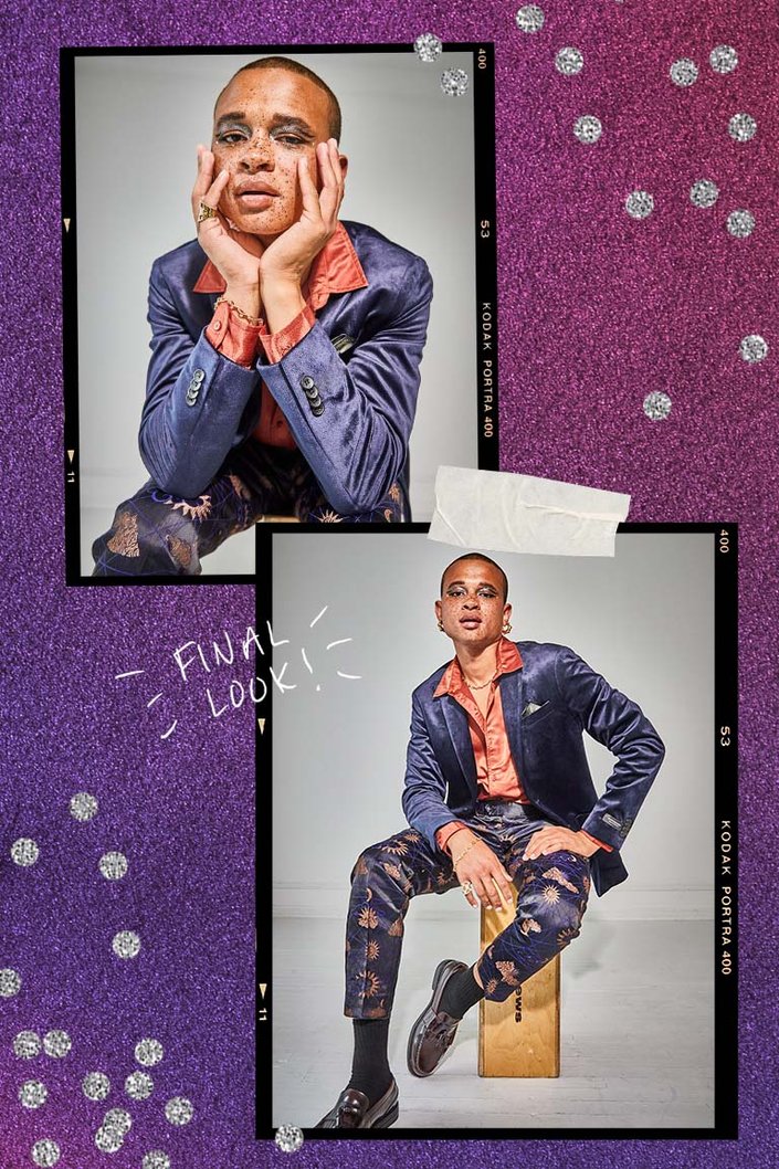 person wearing purple and orange velvet suit and metallic eyeshadow