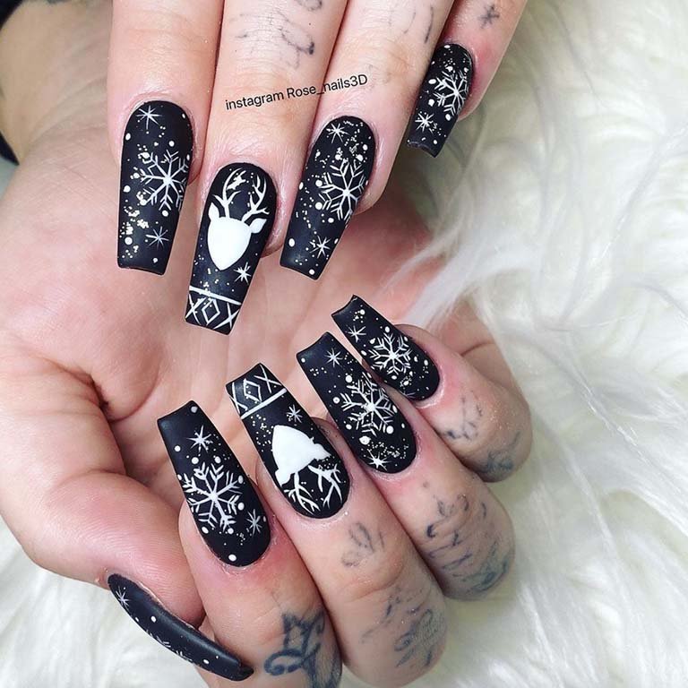 winter wonderland themed black acrylic coffin manicure