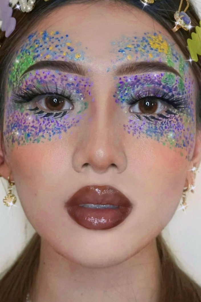 person wearing pointillism eye makeup look