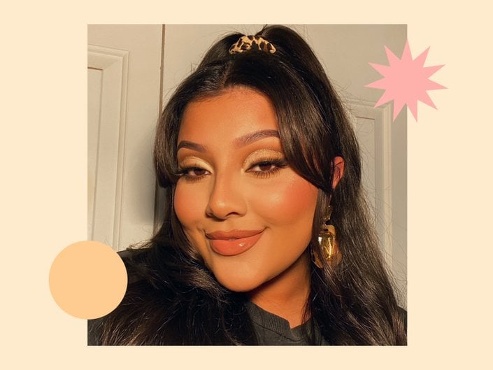 Person with nude cut crease on graphic beige background