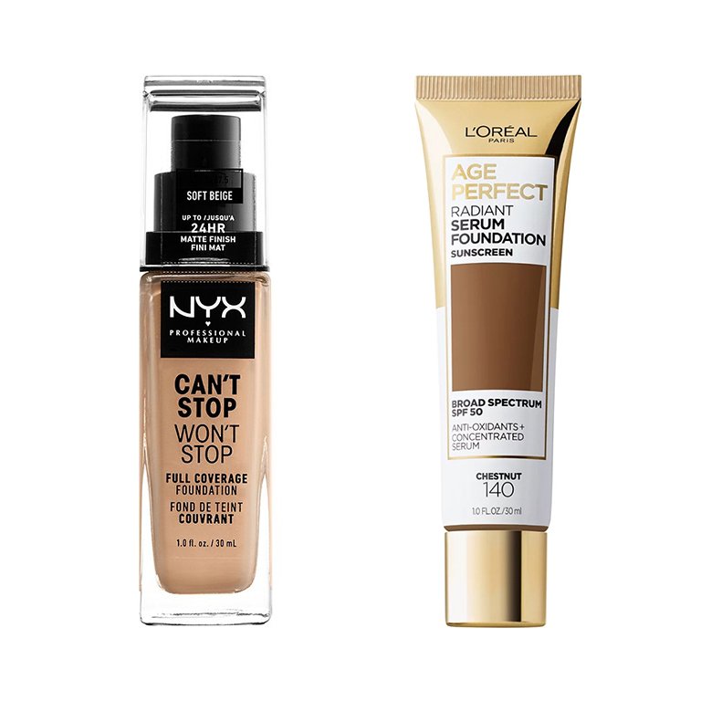 nyx cant stop wont stop foundation, loreal paris age perfect radiant serum