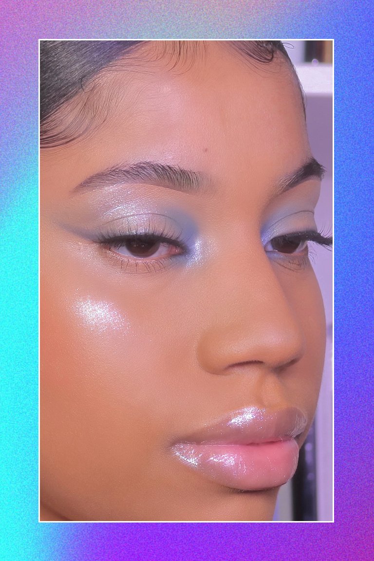 person wearing blue frosted eyeshadow