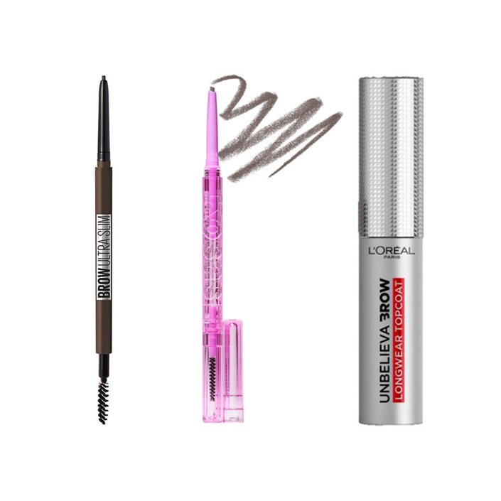 Maybelline New York Ultra Slim Defining Eyebrow Pencil, Kosas Brow Pop Clean Dual-Action Defining Eyebrow Pencil, L’Oréal Paris Unbelievabrow Longwear Clear Top Coat
