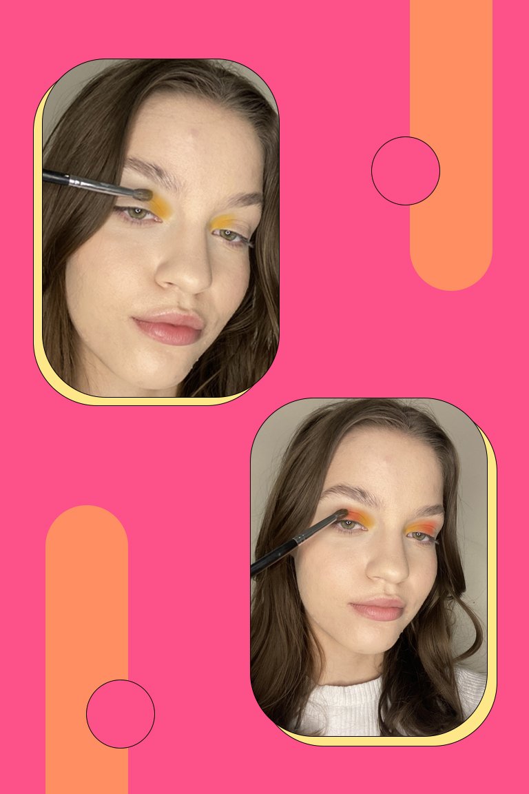 side by side images of a person applying eyeshadow to eyelid
