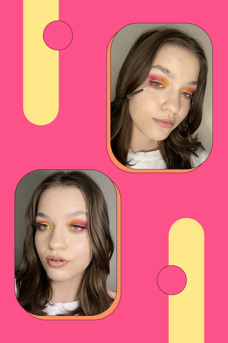 side by side images of person applying eyeshadow to lash line and person wearing colorful eye makeup