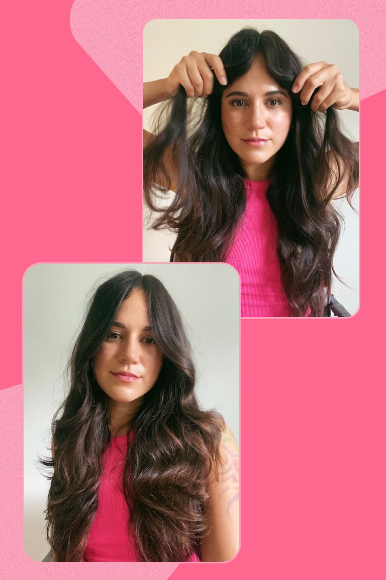 side by side images of person with middle part and long  wavy hair