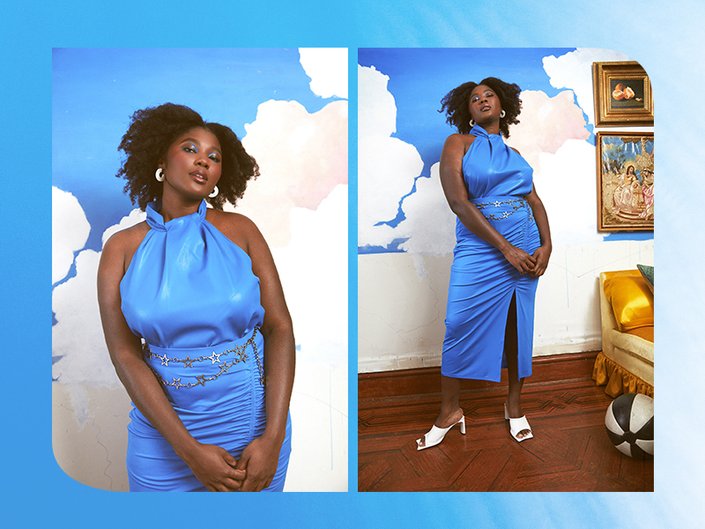 person wearing blue halter top and skirt with white sandals and earrings