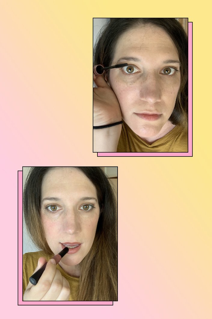 person applying makeup to eyelashes and lips