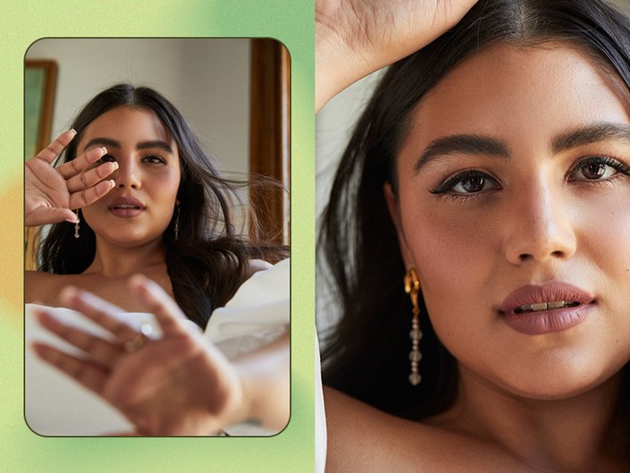 side by side of person wearing nude makeup and white clothing