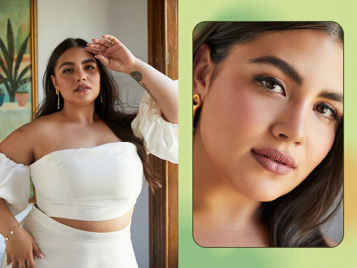 side by side of person wearing nude makeup and white clothing
