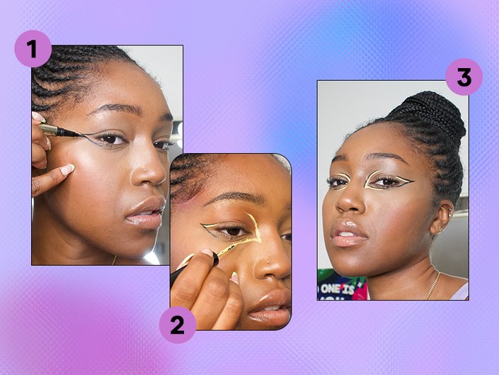 person wearing graphic liner eye makeup