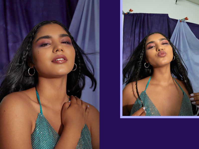 person wearing purple shimmering eyeshadow