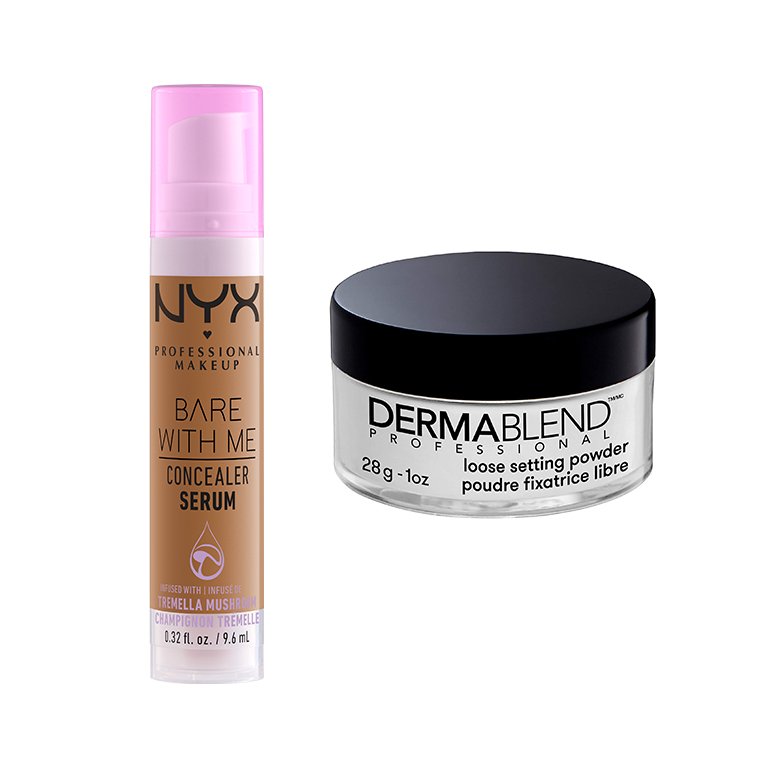 nyx bare with me concealer serum, dermablend loose powder