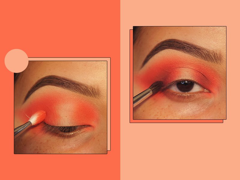 side by side images of person applying orange eyeshadow to eyelid