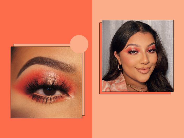 side by side images of person wearing orange eyeshadow