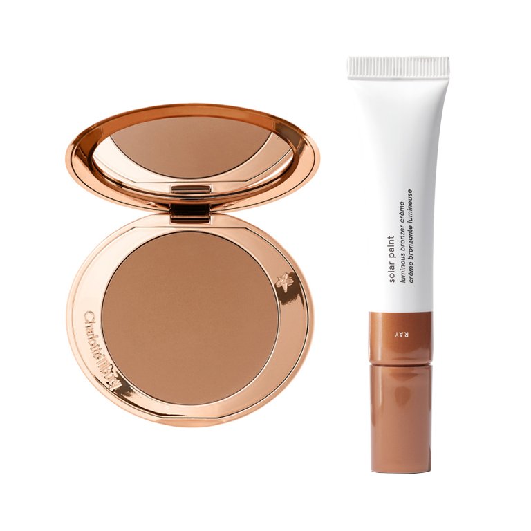 Charlotte Tilbury Airbrush Bronzer in Medium and Glossier Solar Paint in Ray