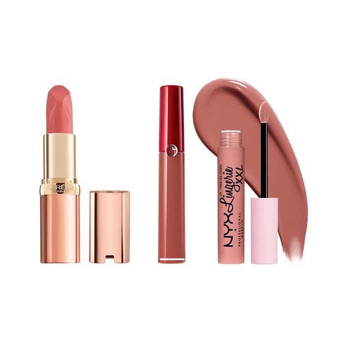 L’Oréal Paris Les Nus by Colour Riche Lipstick in Nu Intense and NYX Professional Makeup Lip Lingerie XXL Matte Liquid Lipstick in Undress’d