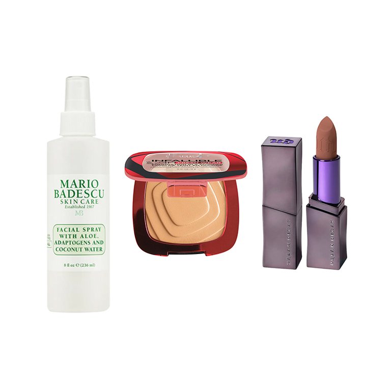 Mario Badescu Facial Spray with Aloe, Adaptogens and Coconut Water, L’Oréal Paris Infallible Up to 24HR Foundation in a Powder, Urban Decay Vice Lipstick in 1993