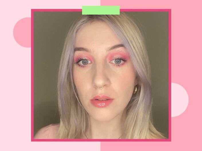 Person wearing hot pink eyeshadow on pink and green background