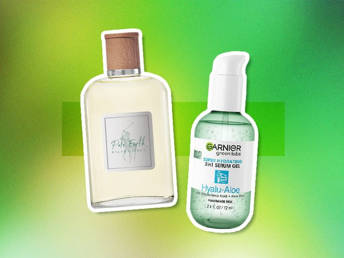 Ralph Lauren Polo Earth perfume and Garnier Green Labs Hyalu-Aloe Serum on a green background