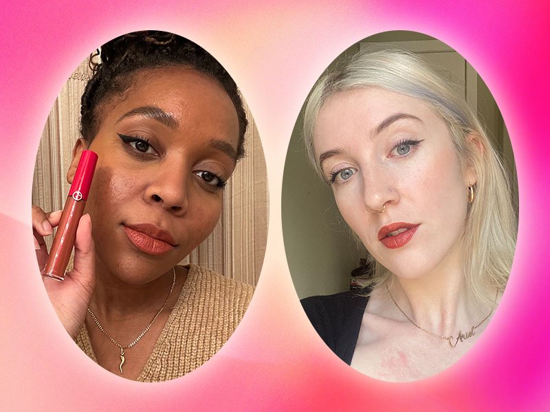 Two people wearing the Giorgio Armani Beauty Lip Maestro Mediterranea on an ombre pink background