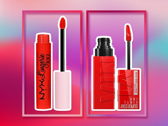 NYX Professional Makeup Lip Lingerie XXL Long-Lasting Matte Liquid Lipstick in On Fuego and Maybelline New York Super Stay Vinyl Ink Longwear Liquid Lip Color in Red-Hot on pink and purple graphic background