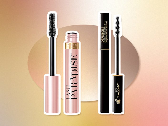 L'Oréal Paris Voluminous Lash Paradise Mascara in Black Brown and Lancôme Définicils High-Definition Mascara in Deep Brown on neutral background